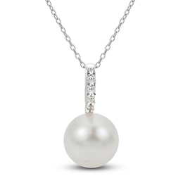 Cultured Pearl & White Lab-Created Sapphire Drop Necklace Sterling Silver 18"