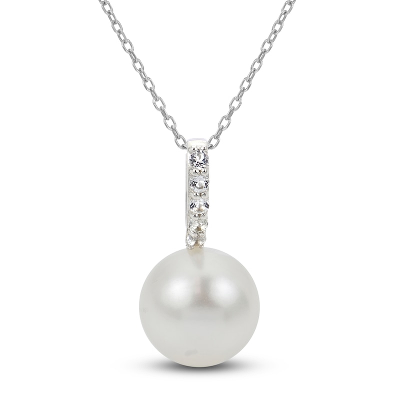 Main Image 1 of Cultured Pearl & White Lab-Created Sapphire Drop Necklace Sterling Silver 18"
