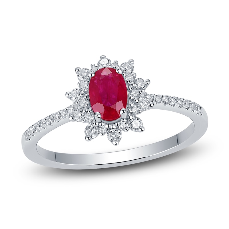 Main Image 1 of Oval-Cut Natural Ruby & Diamond Starburst Halo Ring 1/4 ct tw 14K White Gold