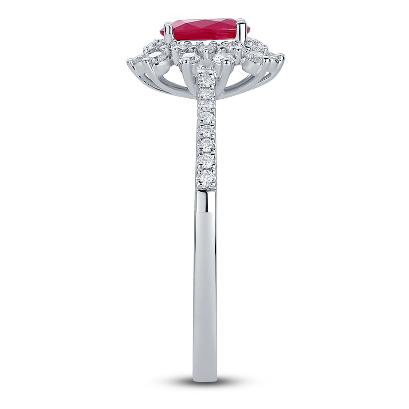 Main Image 3 of Oval-Cut Natural Ruby & Diamond Starburst Halo Ring 1/4 ct tw 14K White Gold