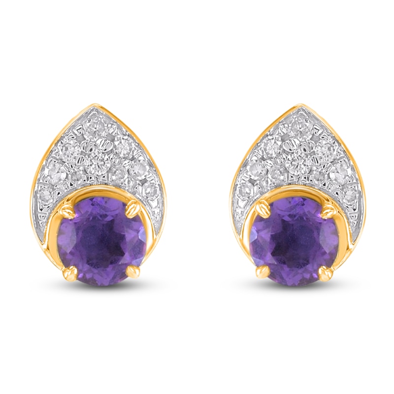 Main Image 2 of Natural Amethyst & Diamond Teardrop Stud Earrings 1/10 ct tw 10K Yellow Gold