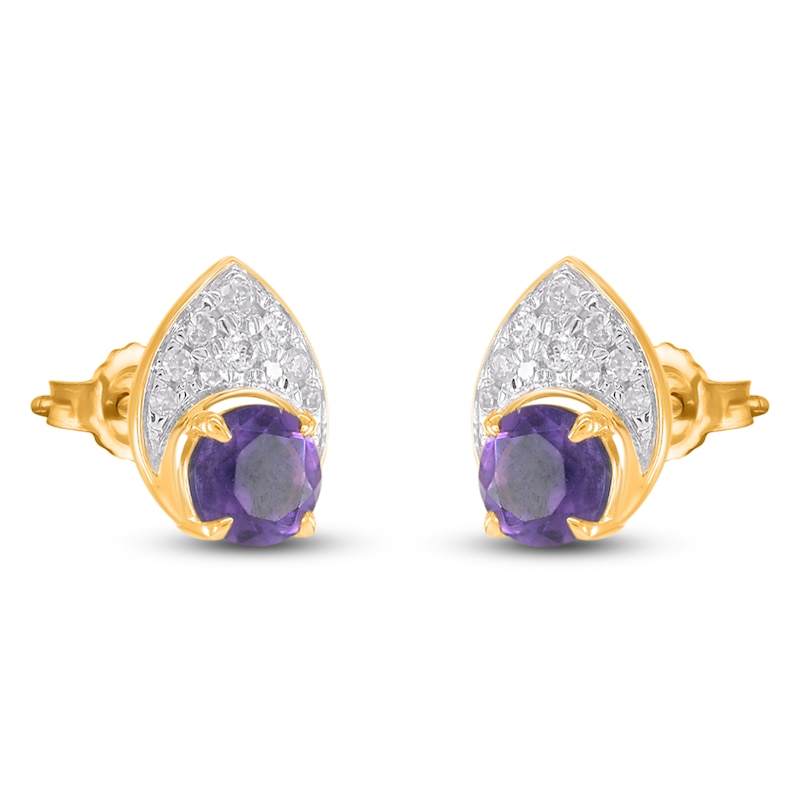 Main Image 3 of Natural Amethyst & Diamond Teardrop Stud Earrings 1/10 ct tw 10K Yellow Gold
