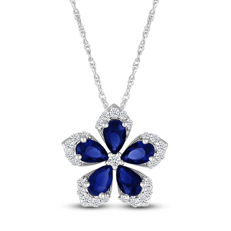 Main Image 1 of Pear-Shaped Blue Lab-Created Sapphire & White Lab-Created Sapphire Flower Necklace Sterling Silver 18"