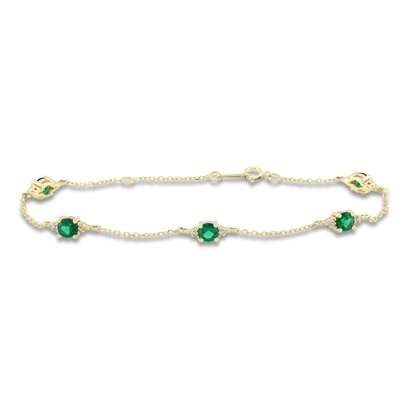 Main Image 1 of Lab-Created Emerald & Diamond Station Bracelet 1/15 ct tw 10K Yellow Gold 7.25"
