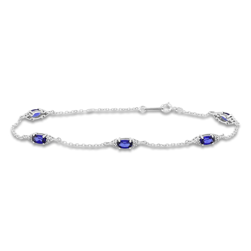 Main Image 1 of Oval-Cut Ceylon Lab-Created Sapphire & Diamond Bracelet 1/15 ct tw 10K White Gold 7.25&quot;