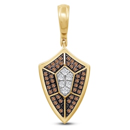 Men's Brown & White Diamond Shield Charm 1/4 ct tw 10K Yellow Gold