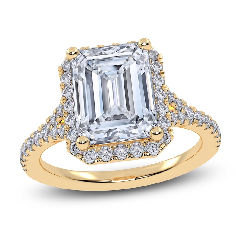 Main Image 1 of Emerald-Cut Lab-Grown Diamond Halo Engagement Ring 3 ct tw 14K Yellow Gold