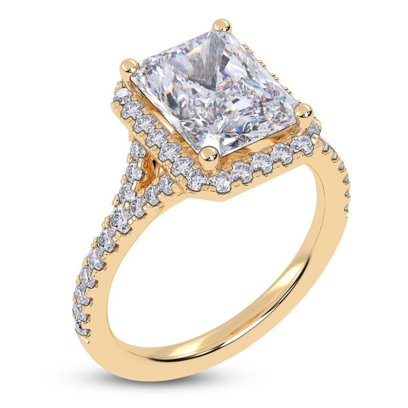 Main Image 2 of Emerald-Cut Lab-Grown Diamond Halo Engagement Ring 3 ct tw 14K Yellow Gold