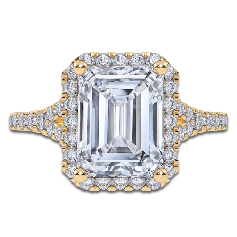 Main Image 3 of Emerald-Cut Lab-Grown Diamond Halo Engagement Ring 3 ct tw 14K Yellow Gold