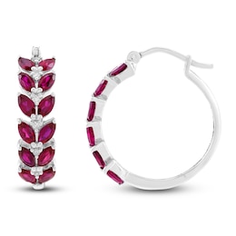 Marquise-Cut Lab-Created Ruby & Diamond Hoop Earrings 1/20 ct tw 14K White Gold