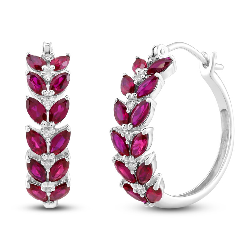 Main Image 2 of Marquise-Cut Lab-Created Ruby & Diamond Hoop Earrings 1/20 ct tw 14K White Gold