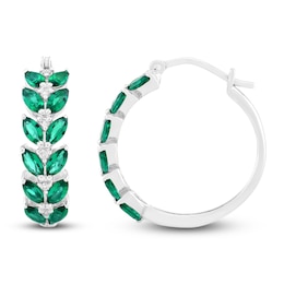 Marquise-Cut Lab-Created Emerald & Diamond Hoop Earrings 1/20 ct tw 14K White Gold