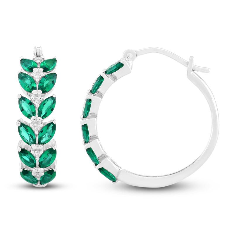 Main Image 1 of Marquise-Cut Lab-Created Emerald & Diamond Hoop Earrings 1/20 ct tw 14K White Gold