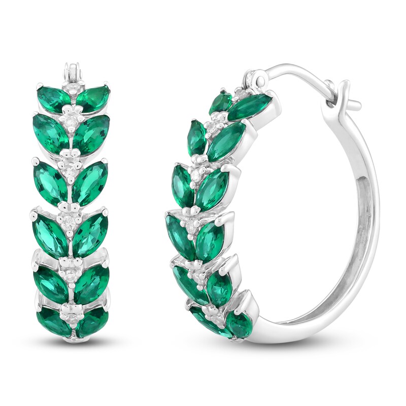 Main Image 2 of Marquise-Cut Lab-Created Emerald & Diamond Hoop Earrings 1/20 ct tw 14K White Gold