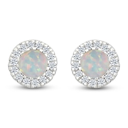 Lab-Created Opal & Diamond Halo Stud Earrings 1/8 ct tw 10K White Gold