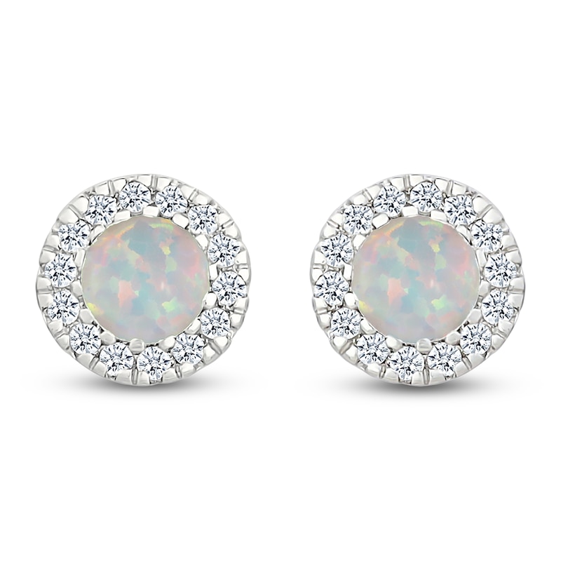 Main Image 1 of Lab-Created Opal & Diamond Halo Stud Earrings 1/8 ct tw 10K White Gold