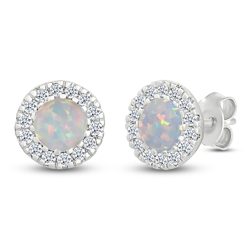 Main Image 2 of Lab-Created Opal & Diamond Halo Stud Earrings 1/8 ct tw 10K White Gold
