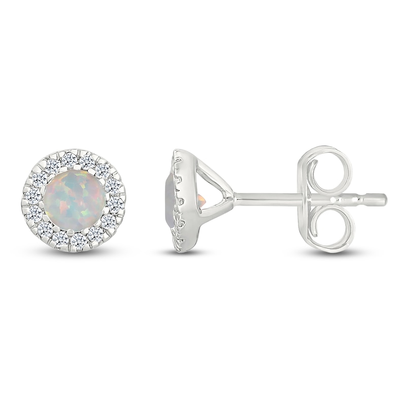 Main Image 3 of Lab-Created Opal & Diamond Halo Stud Earrings 1/8 ct tw 10K White Gold