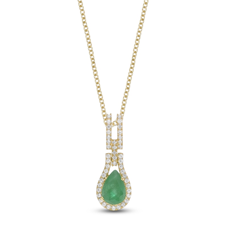 Main Image 1 of Pear-Shaped Natural Emerald & Diamond Drop Necklace 1/6 ct tw 10K Yellow Gold 18"