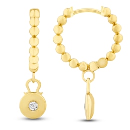 Diamond Beaded Huggie Hoop Dangle Earrings 1/15 ct tw 14K Yellow Gold