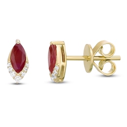 Marquise-Cut Natural Ruby & Diamond Stud Earrings 1/20 ct tw 10K Yellow Gold