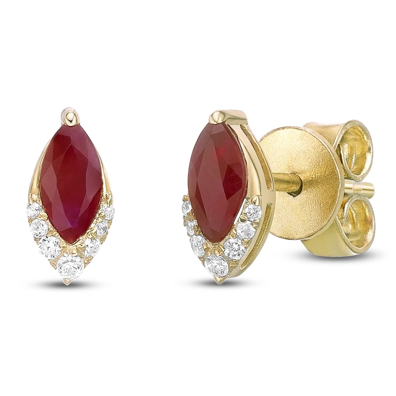 Main Image 2 of Marquise-Cut Natural Ruby & Diamond Stud Earrings 1/20 ct tw 10K Yellow Gold