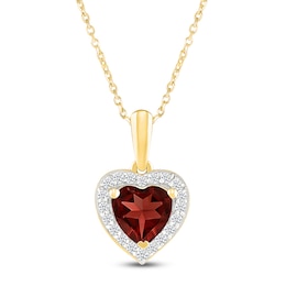 Heart-Shaped Natural Garnet & White Lab-Created Sapphire Halo Necklace 10K Yellow Gold 18"