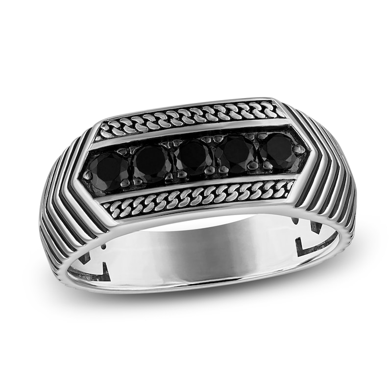 Main Image 1 of 1933 by Esquire Men's Black Diamond Five-Stone Enamel Chevron Ring 1/2 ct tw Sterling Silver