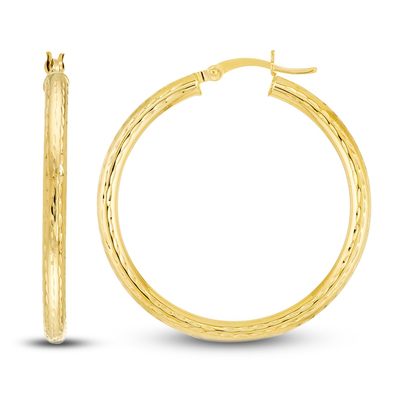 Diamond-Cut Round Hoop Earrings 14K Yellow Gold 35mm