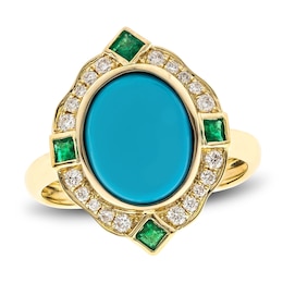 Natural Turquoise & Natural Emerald Ring 1/5 ct tw Diamonds 14K Yellow Gold