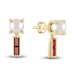 Juliette Maison Natural Garnet Baguette and Freshwater Cultured Pearl Earrings 10K Yellow Gold