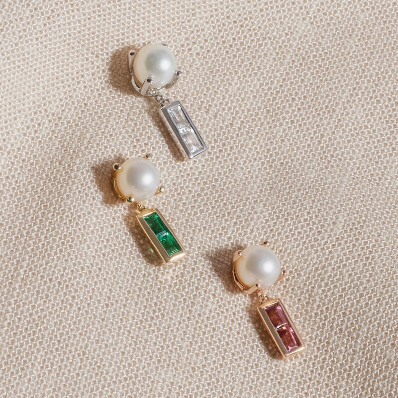 Juliette Maison Natural Garnet Baguette and Freshwater Cultured Pearl Earrings 10K Yellow Gold