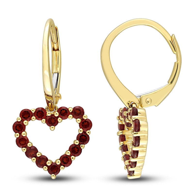 Natural Garnet Heart Dangle Earrings 10K Yellow Gold