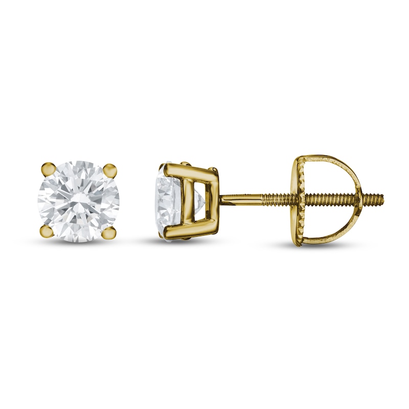 Main Image 3 of Lab-Grown Diamond Solitaire Stud Earrings 3/4 ct tw Round 14K Yellow Gold (SI2/F)