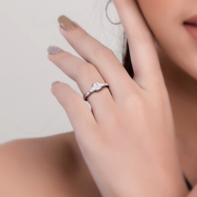 Main Image 5 of Diamond 3-Stone Engagement Ring 5/8 ct tw Radiant/Pear/ Round 14K White Gold