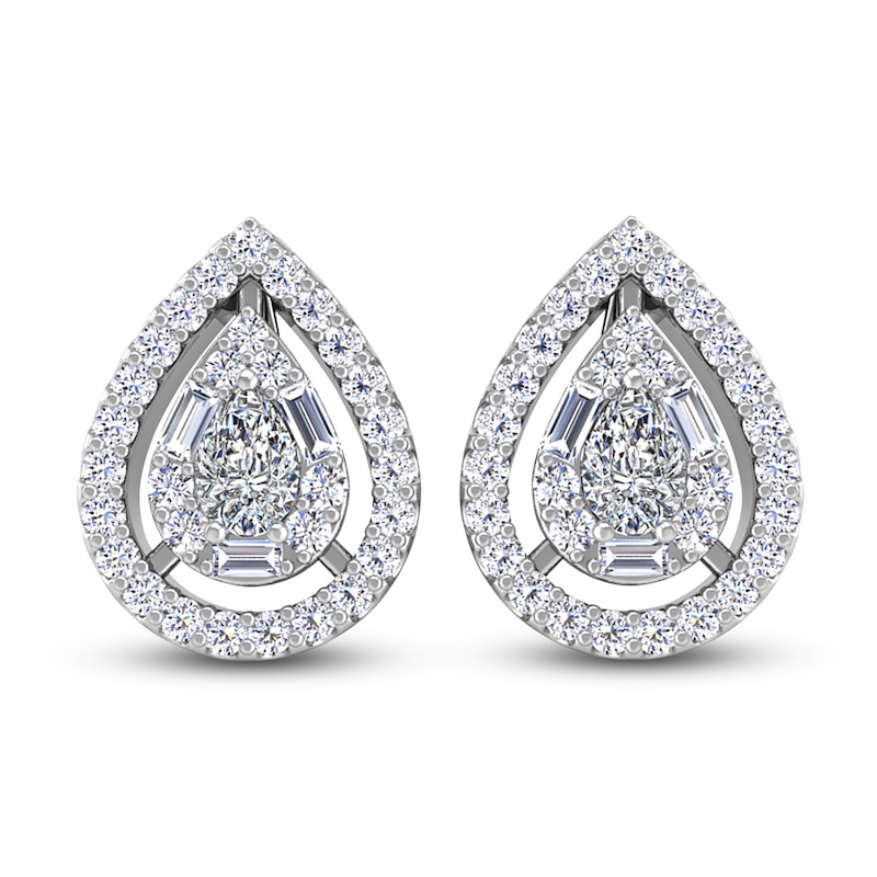 Main Image 1 of Diamond Stud Earrings 3/4 ct tw Pear/Round /Baguette 14K White Gold