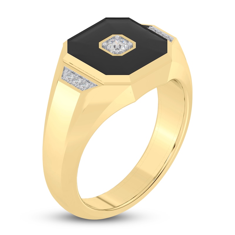Main Image 2 of Men's Natural Onyx Ring 1/6 ct tw Diamonds 14K Yellow Gold