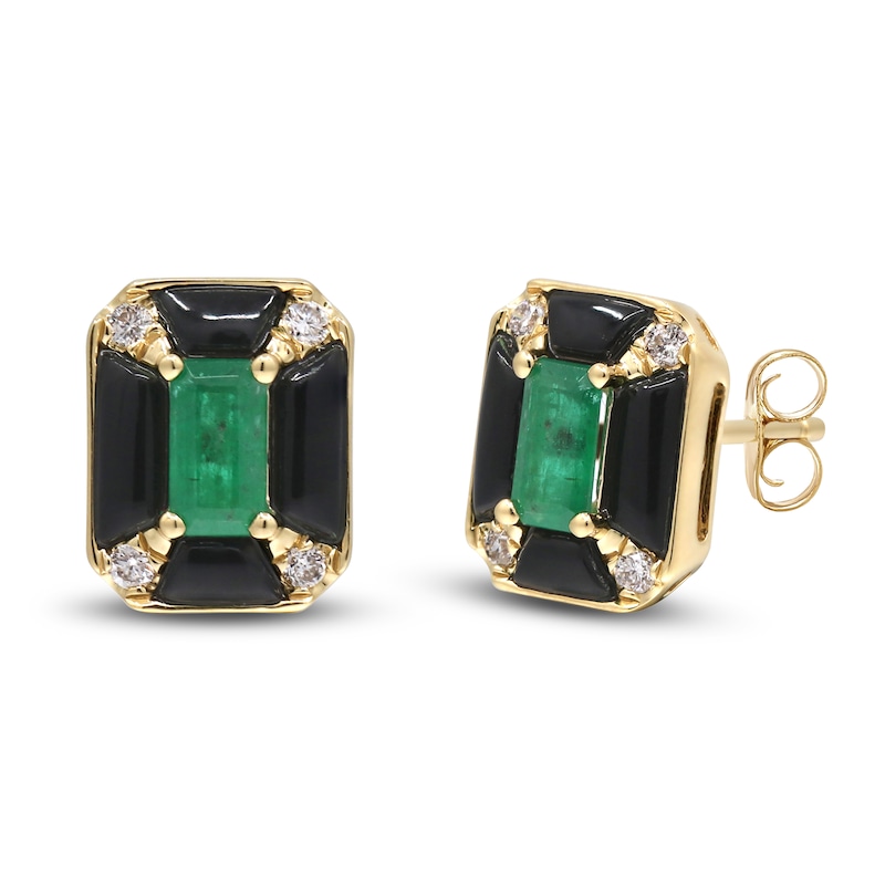 Rectangle-Cut Natural Emerald, Natural Onyx & Diamond Stud Earrings 1/15 ct tw 14K Yellow Gold