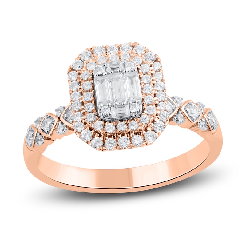 Main Image 2 of Baguette & Round-Cut Diamond Double Halo Bridal Set 7/8 ct tw 14K Rose Gold
