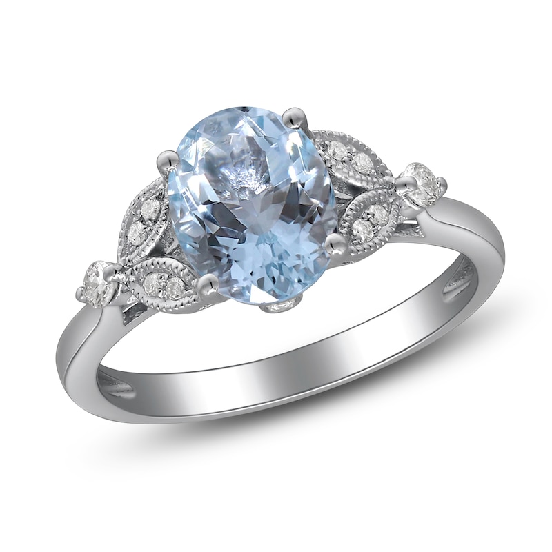 Main Image 2 of Oval-Cut Natural Aquamarine & Diamond Milgrain Engagement Ring 1/4 ct tw 14K White Gold