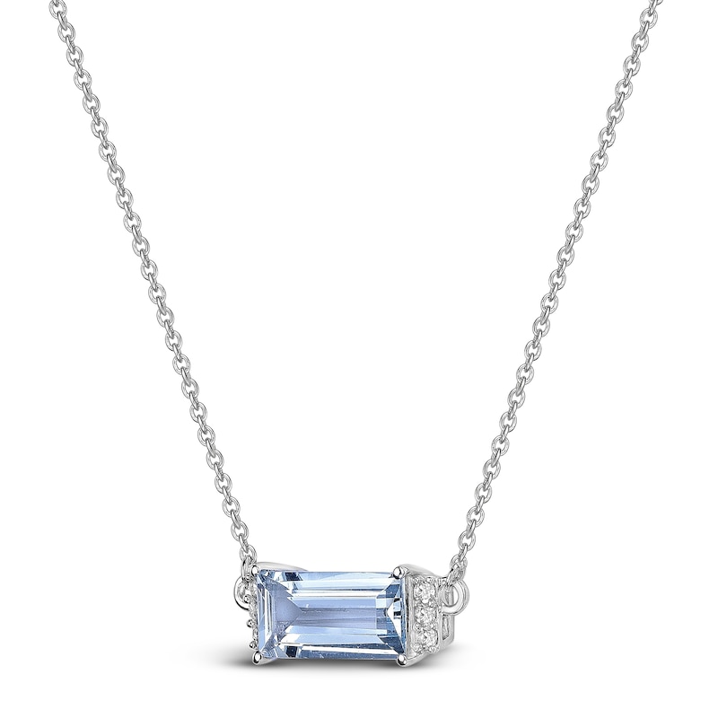 Main Image 2 of Baguette-Cut Natural Aquamarine & Diamond Necklace 1/20 ct tw 14K White Gold 18"