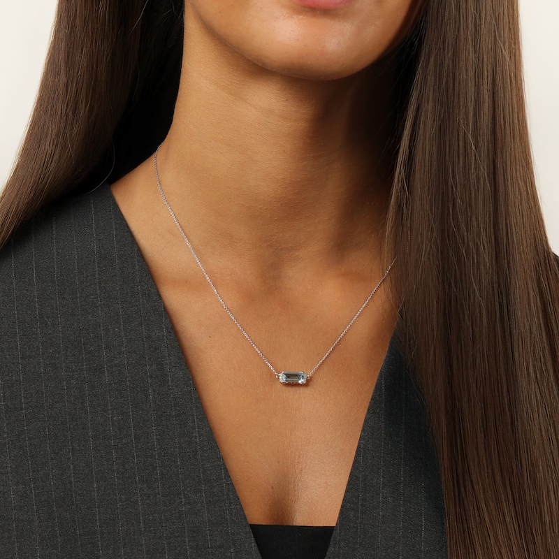 Main Image 6 of Baguette-Cut Natural Aquamarine & Diamond Necklace 1/20 ct tw 14K White Gold 18"