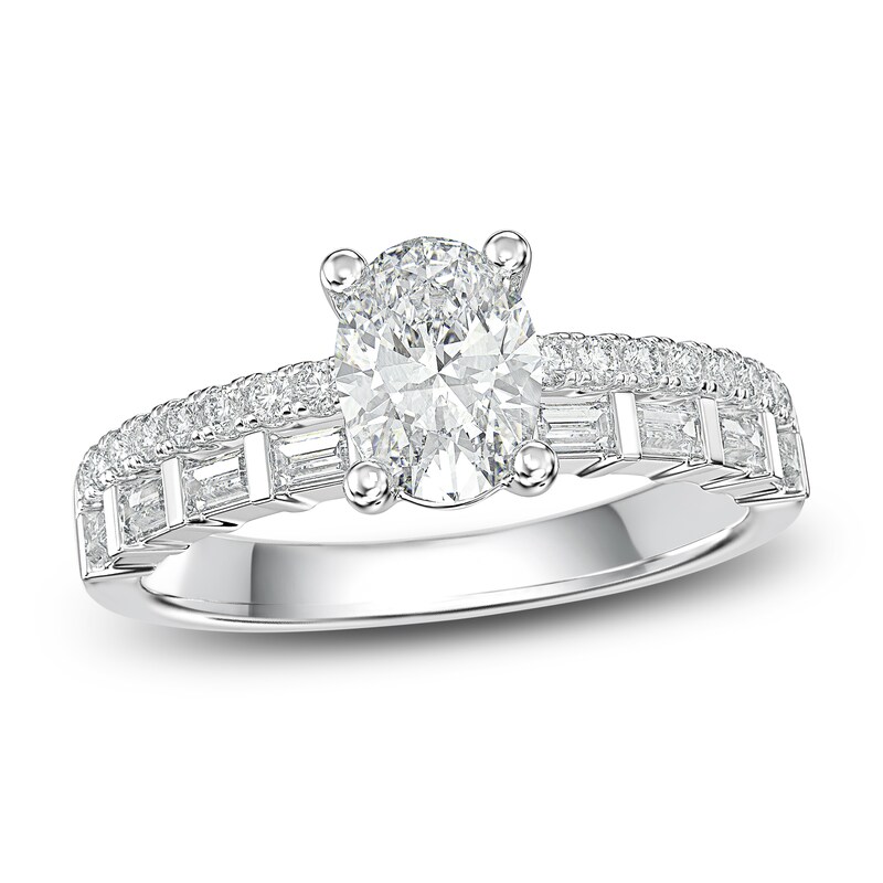Emerald, Round & Baguette-Cut Diamond Engagement Ring 1 ct tw 14K White Gold