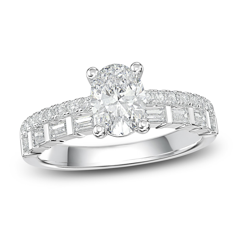 Main Image 1 of Oval, Baguette & Round-Cut Diamond Engagement Ring 1 ct tw 14K White Gold