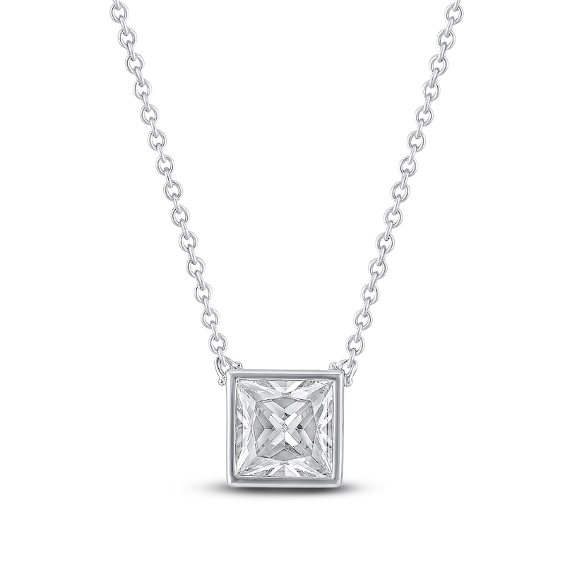 Main Image 1 of Princess-Cut Lab-Grown Diamond Bezel-Set Solitaire Necklace 1 ct tw 18K White Gold 18" (F/VS2)