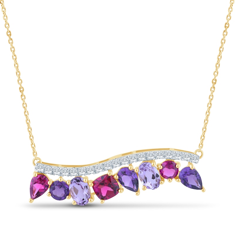 Main Image 1 of Natural Amethyst, Light Amethyst, Rhodolite Garnet & Diamond Multi-Shape Curve Necklace 1/3 ct tw 14K Yellow Gold