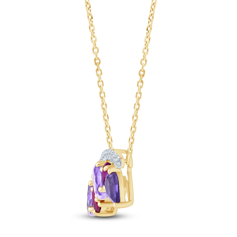 Main Image 2 of Natural Amethyst, Light Amethyst, Rhodolite Garnet & Diamond Multi-Shape Curve Necklace 1/3 ct tw 14K Yellow Gold