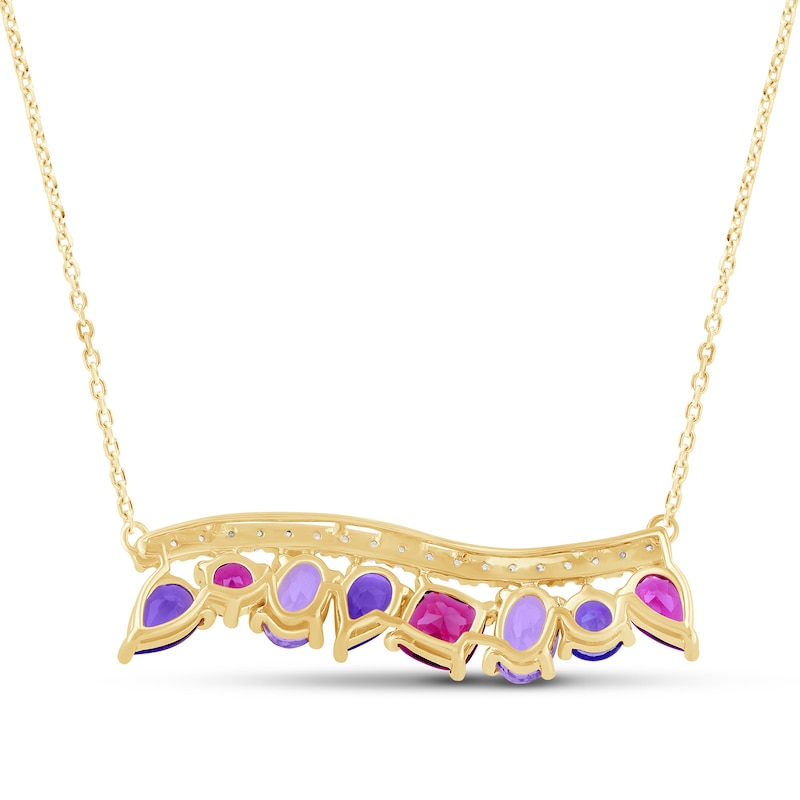 Main Image 3 of Natural Amethyst, Light Amethyst, Rhodolite Garnet & Diamond Multi-Shape Curve Necklace 1/3 ct tw 14K Yellow Gold