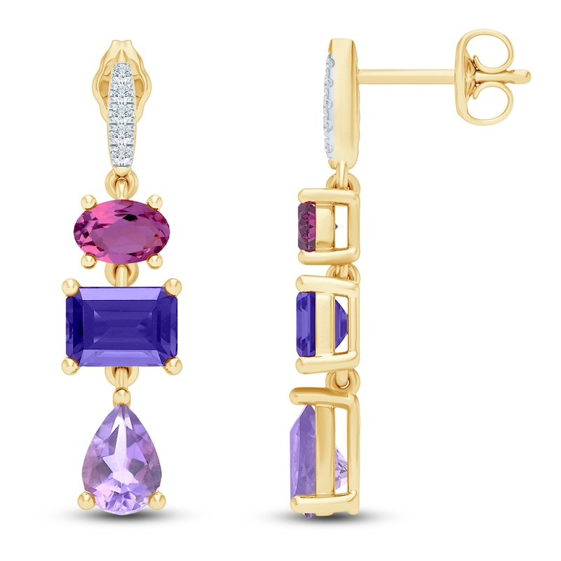 Main Image 1 of Natural Amethyst, Light Amethyst, Rhodolite Garnet & Diamond Multi-Shape Drop Earrings 1/20 ct tw 14K Yellow Gold