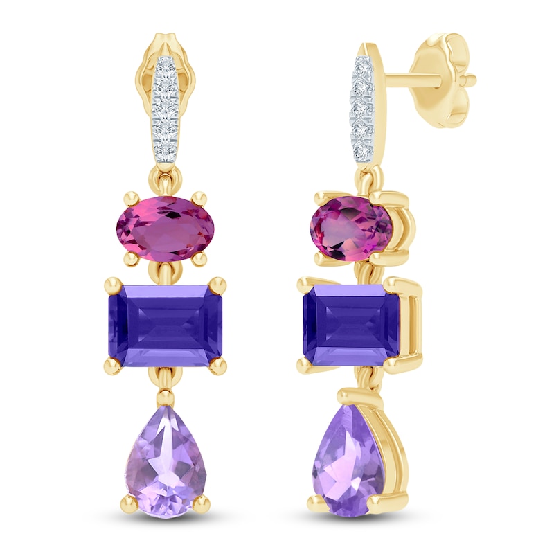 Main Image 2 of Natural Amethyst, Light Amethyst, Rhodolite Garnet & Diamond Multi-Shape Drop Earrings 1/20 ct tw 14K Yellow Gold
